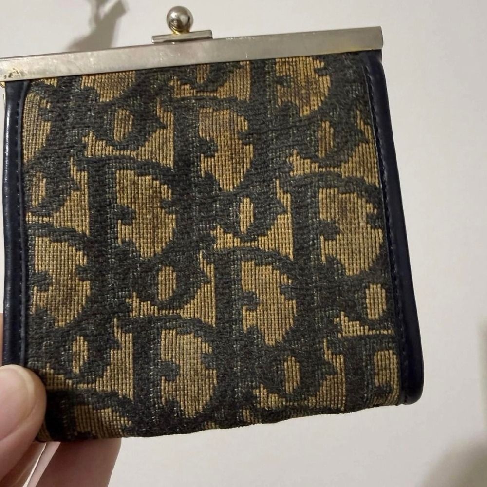 Vintage Christian Dior Navy Cream Jacquard Kiss Lock Coin Purse 70s 80s